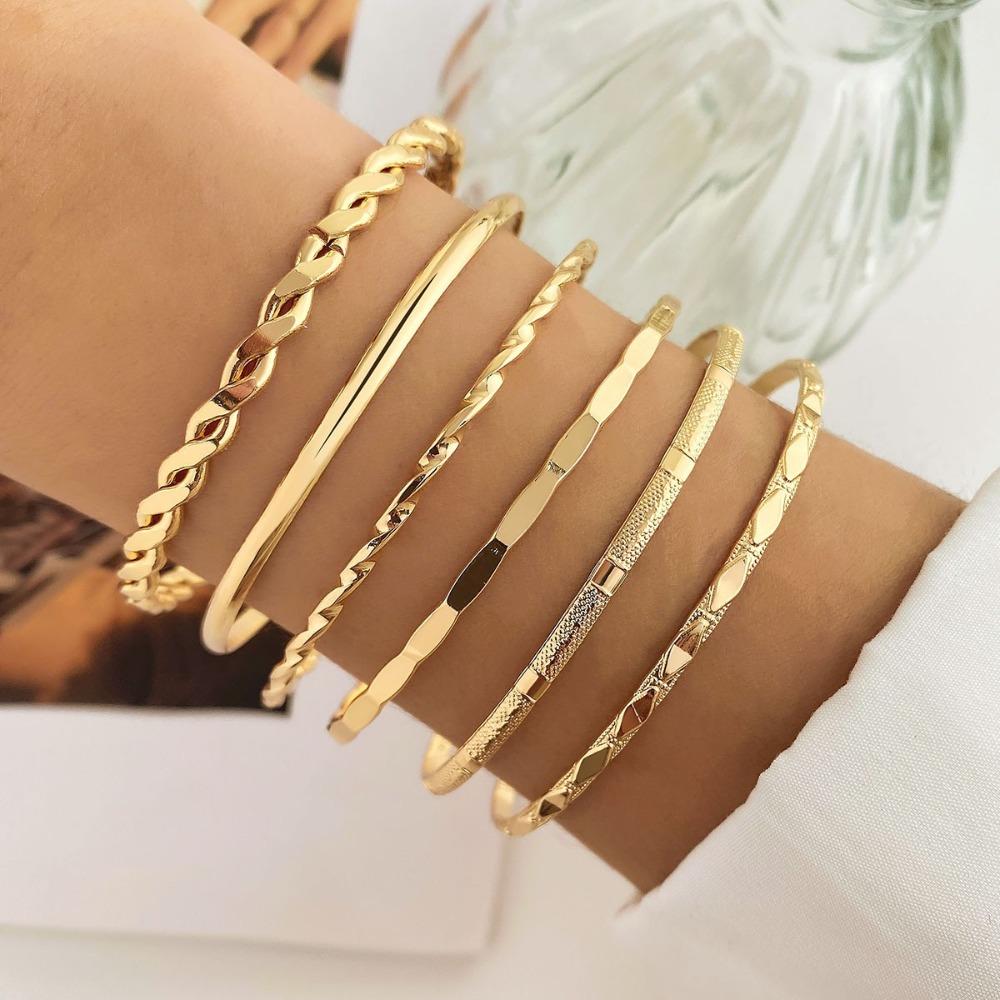 6-delige Punk Gouden Ketting Armband Set Legering Onregelmatige Armbanden Gedraaid Cubaanse Kleurvast Dames Sieraden Cadeau
