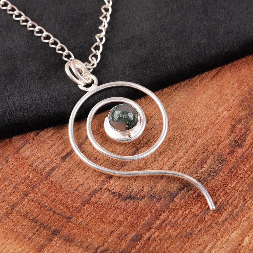 Moss Agate Pendant, Gemstone Jewelry 925 Solid Sterling Silver Pendant, Gift For Women Handmade Pendant