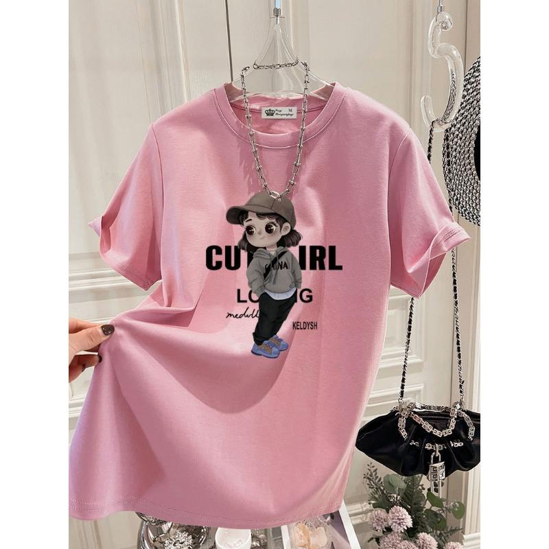 Large Version of Loose T-shirt for Women's Short-sleeved Pure Cotton Summer New Korean Version of Cute Girl Mid-length Top