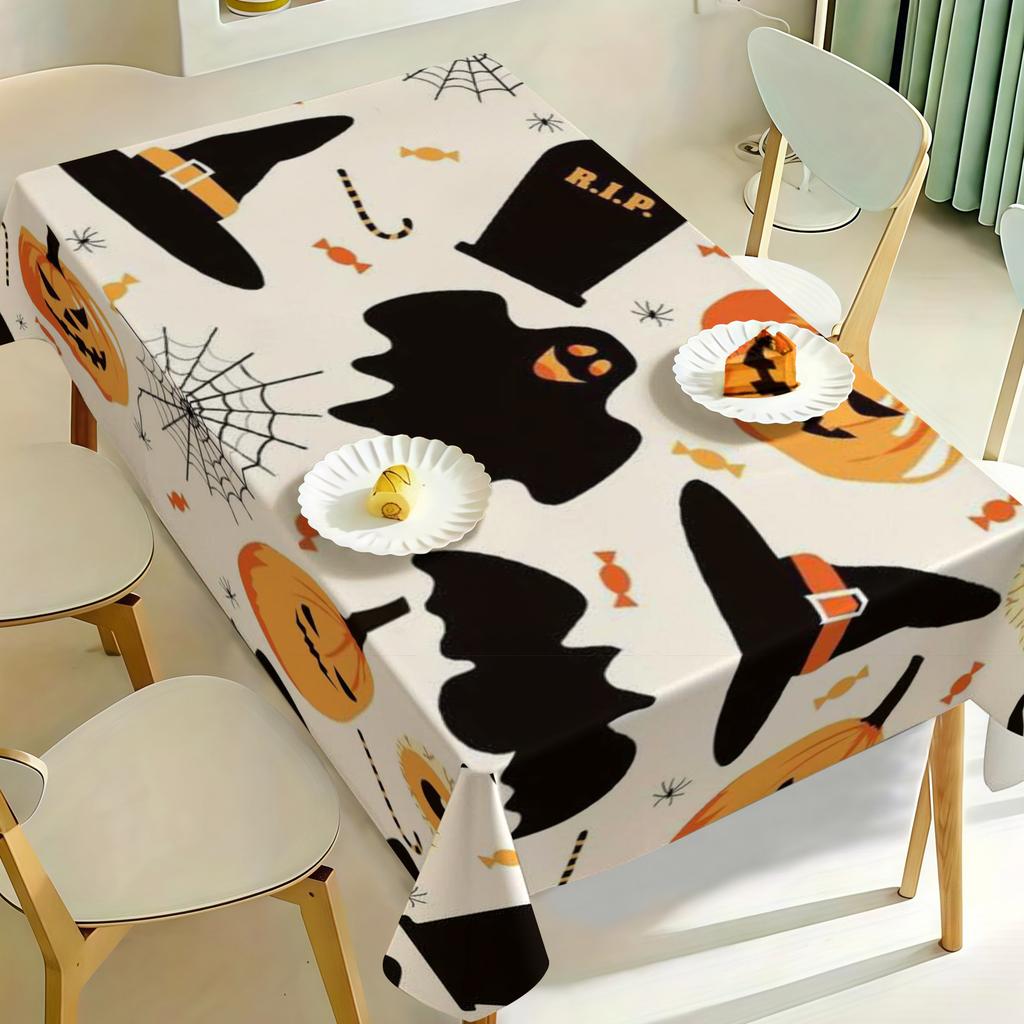 1pc Halloween Themed Tablecloth, Tablecloth with Spooky Pumpkin,, Bat, Tombstone, Wizard Hat, Spider Web, and Candy Print Patterns, Suitable for Home,