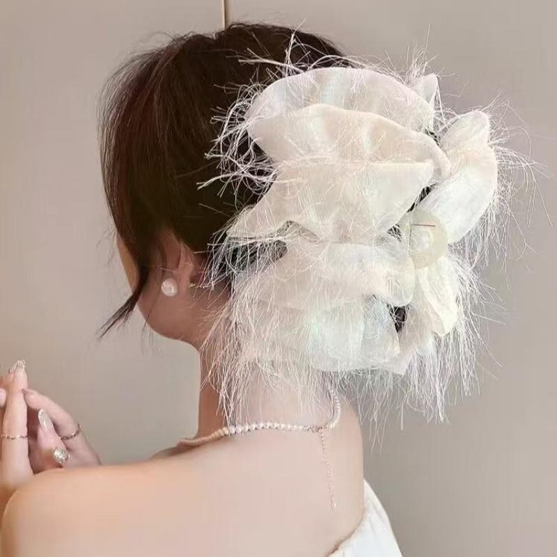 

Элегантная заколка для волос с перьями и бантом из сетки, темпераментные женские заколки-крабы для волос, принцессин головной убор, зажим-краб, аксессуары для волос белый
