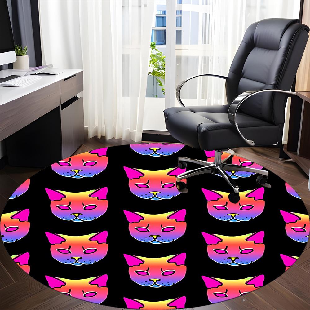 1pc Rainbow Cat Faces Carpet, Round Non Slip Durable Large Size Office Carpet, Suitable for Office