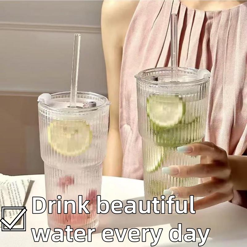 Simple vertical glass cup with lid and straw water cup high-value cold drink cup juice American coffee cup drink cup