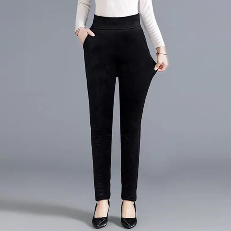 Calças de Veludo Inverno Feminino Sólido Grosso Cintura Alta Soltas Roupa Exterior Elástico Térmico Retrô Lápis