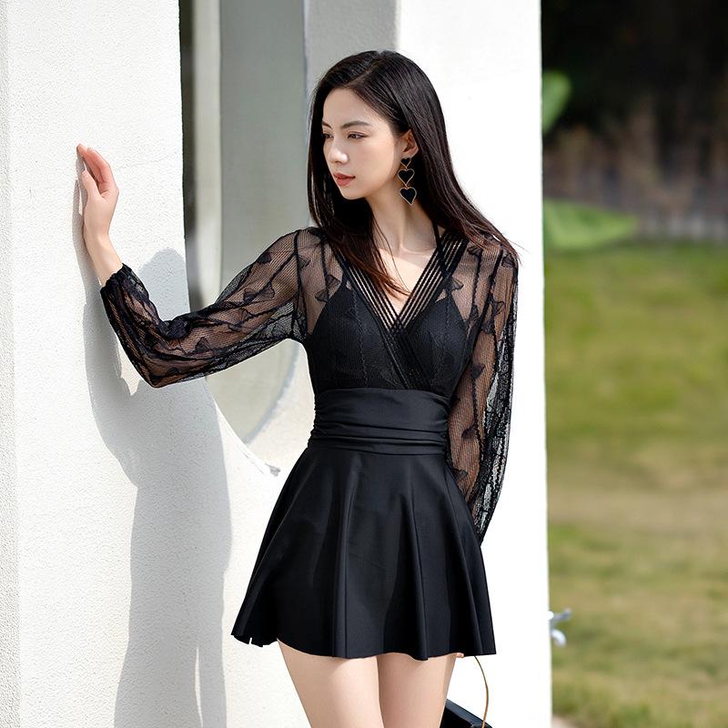 Xige er 2023 Women s Long Sleeve One-Piece Skirted Swimsuit with Boyshorts - Conservative Style for Summer Vacations XL