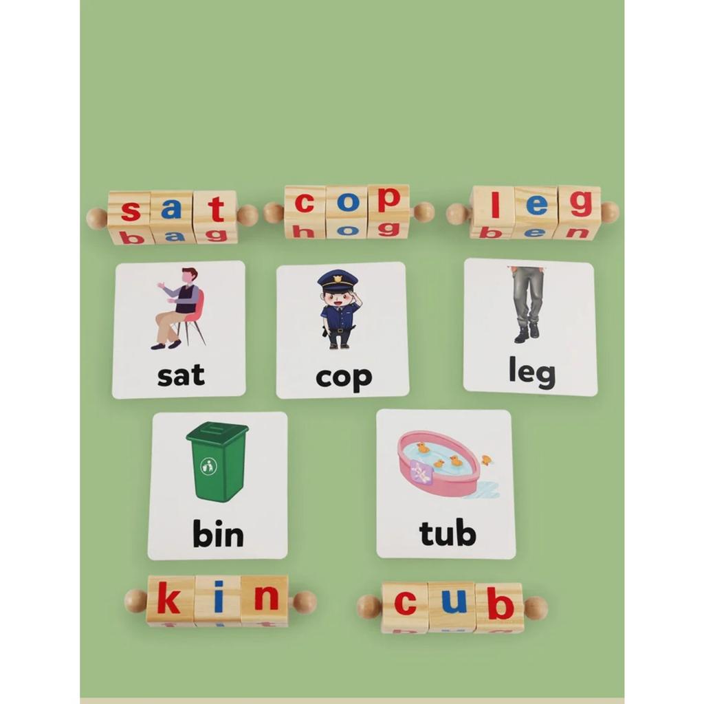 Wooden Word Spelling Game Alphabet Learning Toys for Preschool Boys and Girls Letters Reading Building Blocks Game with 24 Cards