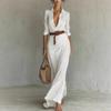 Khaki Shirt Style Long Dress with Deep V Neck and Side Draping