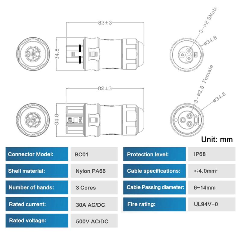 Bc01 3-Pin-Stecker AC Stecker/Buchse IP68 für Solar-Netzanschluss-Mikro-Wechselrichter Hoymiles Deye APsystems PV-Panel Stromversorgungs-Setup-Adapter