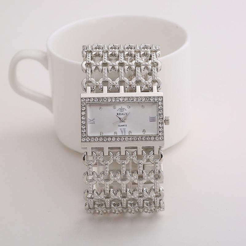 hot! REALY Women's Quartz Diamond Case Alloy Bracelet Square Watch with Super Thin Hollow Strap