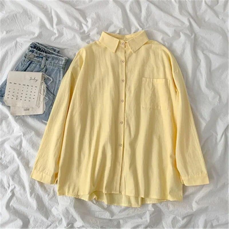 Preppy Style Solid Color Shirt  Autumn Women Korean Fashion Turn Down Collar Blouse Loose Long Sleeve Tops Clothes 30269