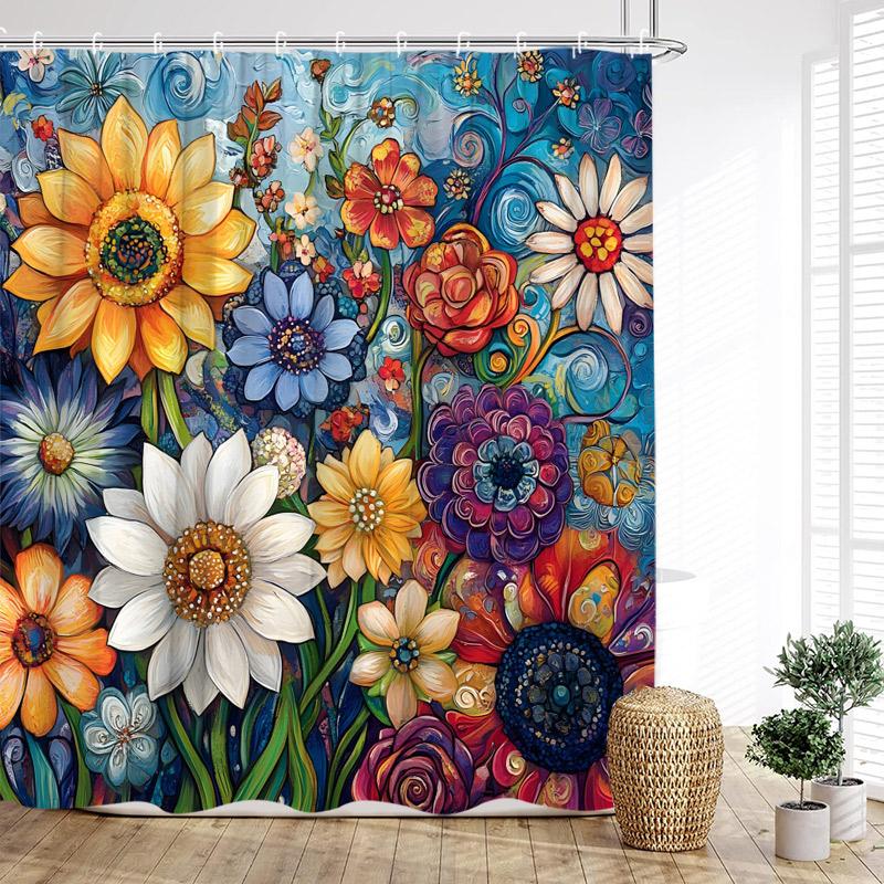Vintage Boho Floral Shower Curtains Colourful Flowers Botanical Pattern Modern Polyester Fabric Home Bathroom Curtain Decor Set