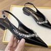 Pointed Rhinestone Flats Women's 2025 Spring New One-word Buckle Black Sandals Sexy Patent Leather Socialite Half-women Shoes