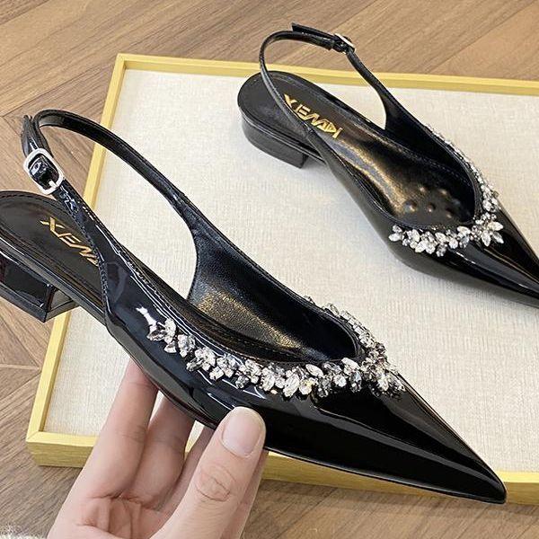 Pointed Rhinestone Flats Women's 2025 Spring New One-word Buckle Black Sandals Sexy Patent Leather Socialite Half-women Shoes