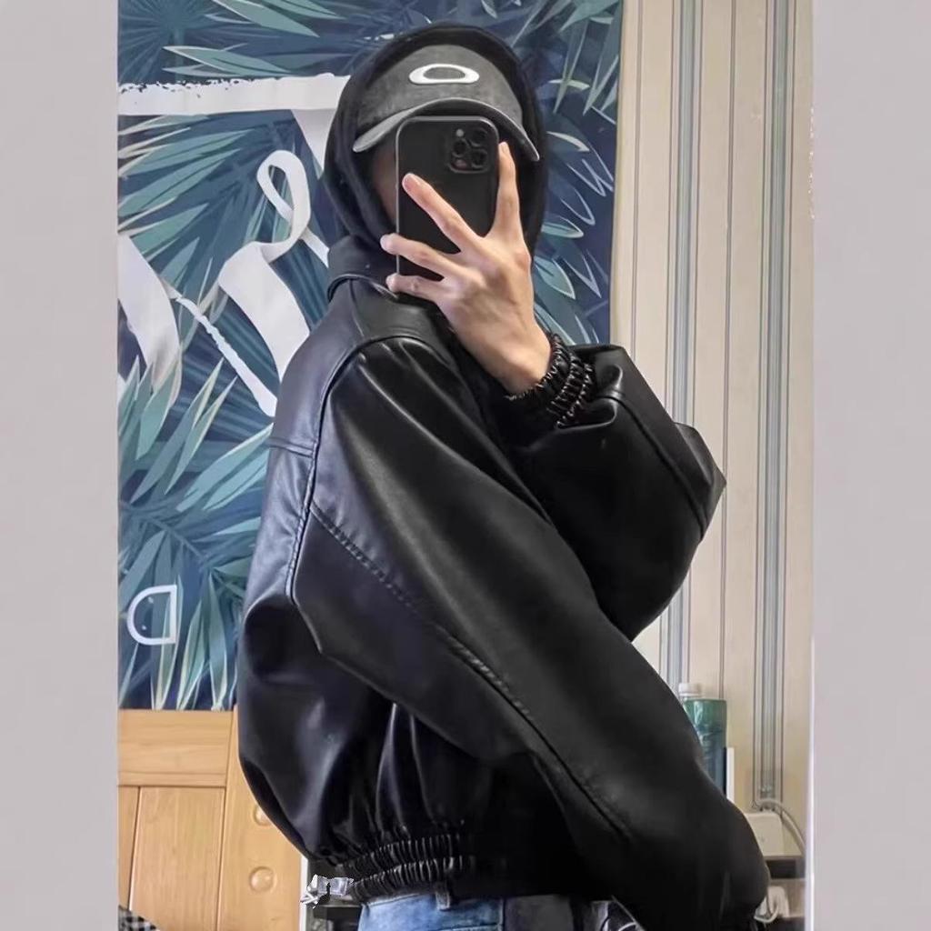 Men's Retro PU Leather Jacket with Padded Shoulders - Spring/Autumn Trendy Loose Fit