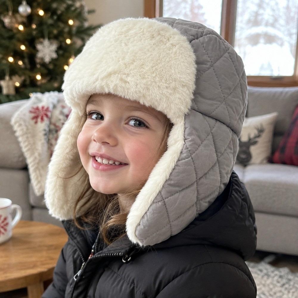 Plush Kids Ski Hat Rhombus Quilted Windproof Earflap Hat Outdoor Activities