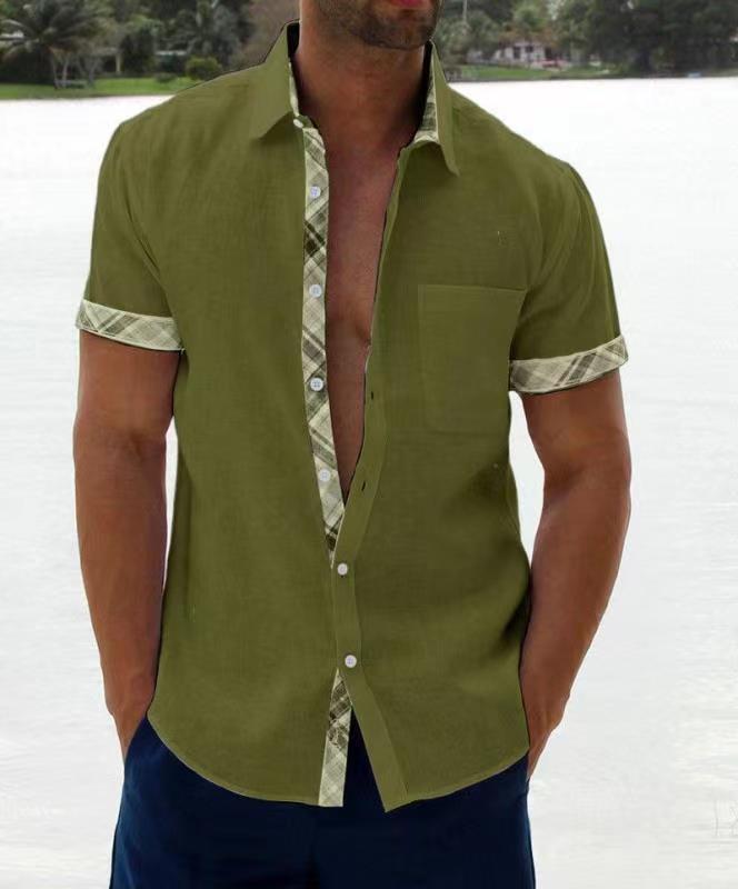 

2026 Summer European/American Men s Short Sleeve Color Block Turn-Down Collar Shirt Small