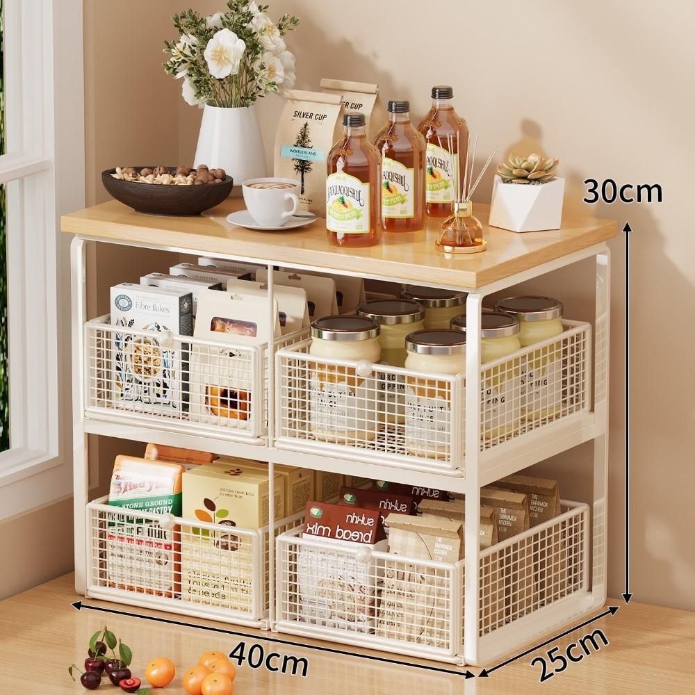 Multi-Layer Metal Storage Rack Solid Wood Countertop Storage Rack Kitchen Countertop