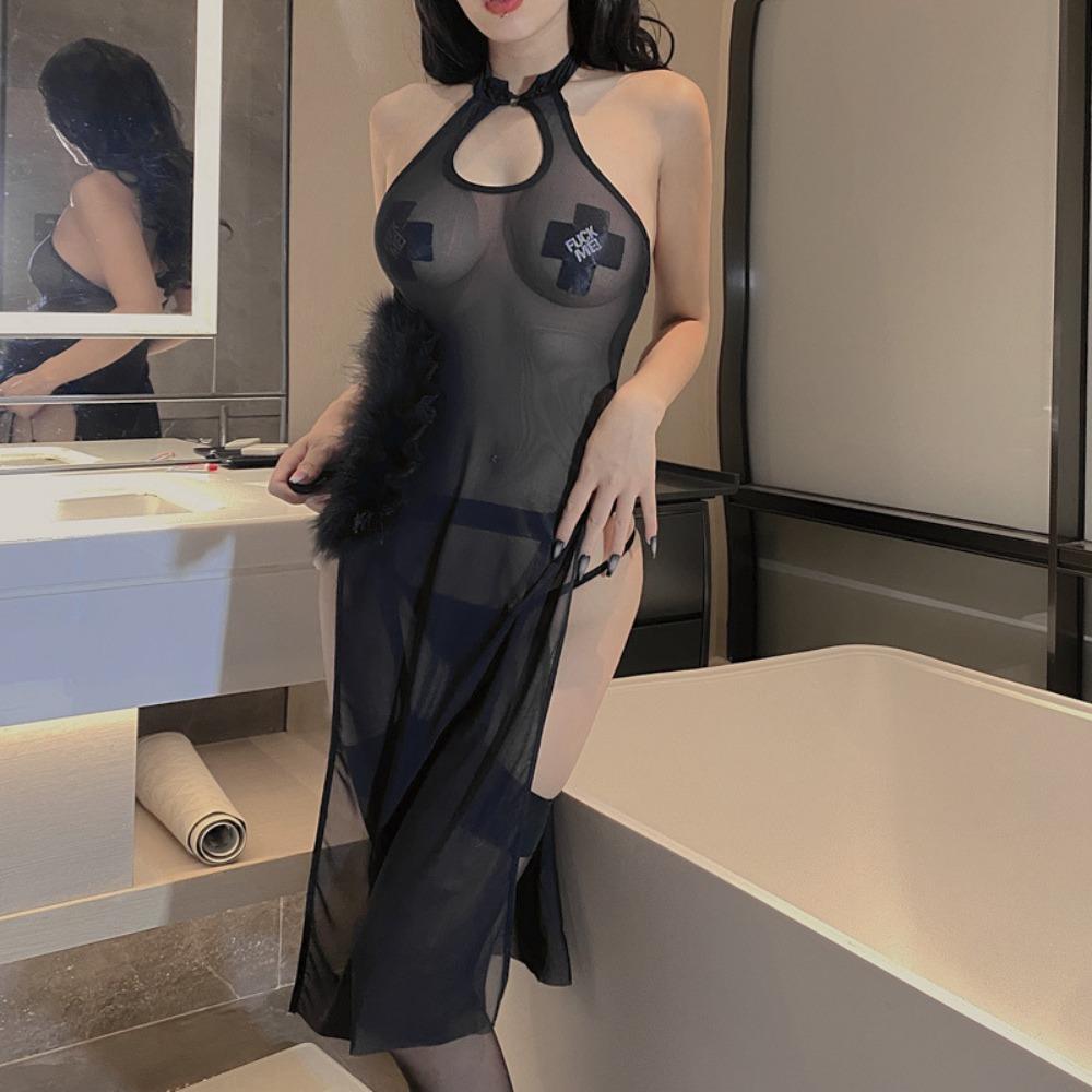 Sex Underwear Women's Perspective Mesh Nightdress High Split Sexy Long Dress Couple Temptation Pajamas Passion Suit