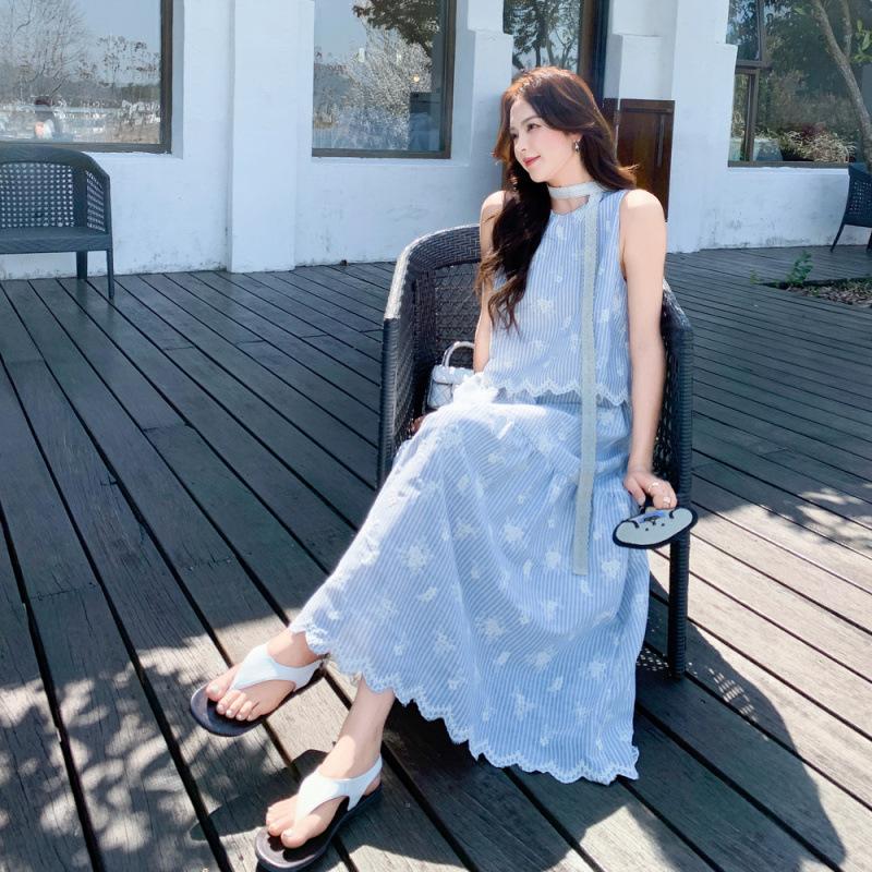 Blue Embroidered Striped Sleeveless Lace Skirt Set Women's Summer New Unique Beautiful Popular Two-piece Set