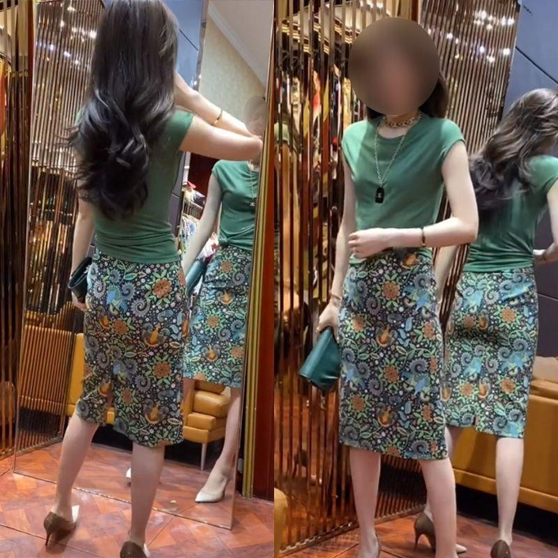 

Yiwu Ottimo Clothing Store TikTok Same Style Summer Elegant Green Short Sleeve T-shirt High Waist Print Sheath Skirt T-Shirt S