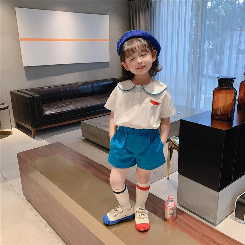 

Костюм в консервативном стиле для девочек, детские брюки с короткими рукавами и принтом фруктов, детский костюм из двух предметов 130cm синий