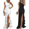 Women Sexy One Shoulder Ruffle Large Swing Slit Evening Party Slim Maxi Dress
