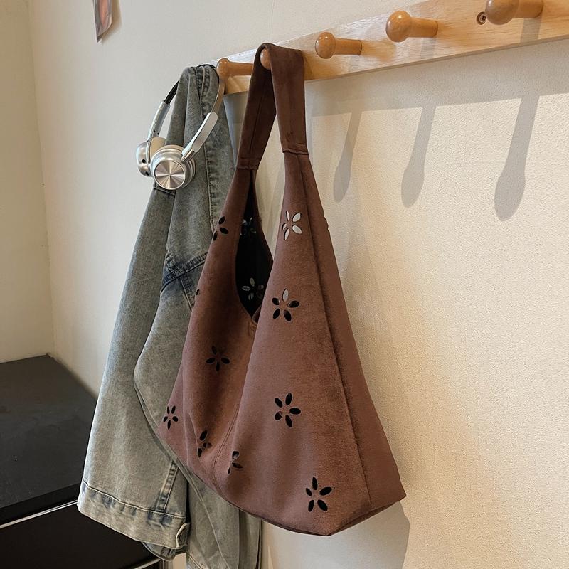 Floral Cutout Suede Hobo Bag with Open Top Design Large Capacity Fashion Shoulder Bag