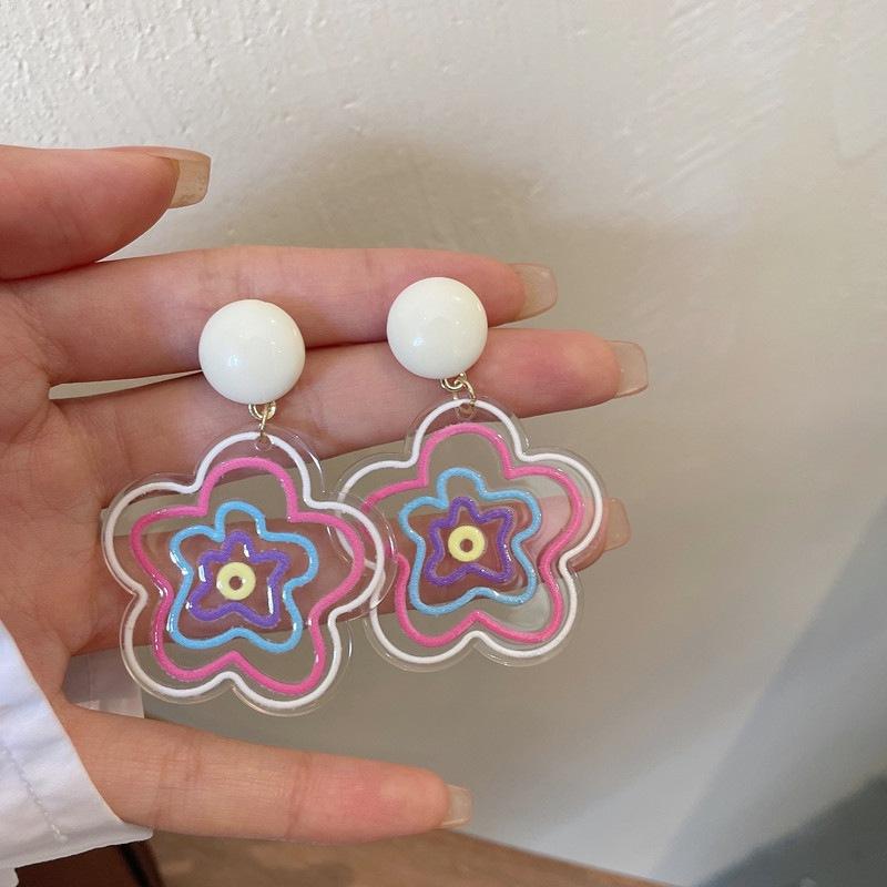 Niche Design Sense Color Transparent Flower Stud Earrings Female, Personality Versatile Contrasting Color Earrings Internet Celebrity Earrings