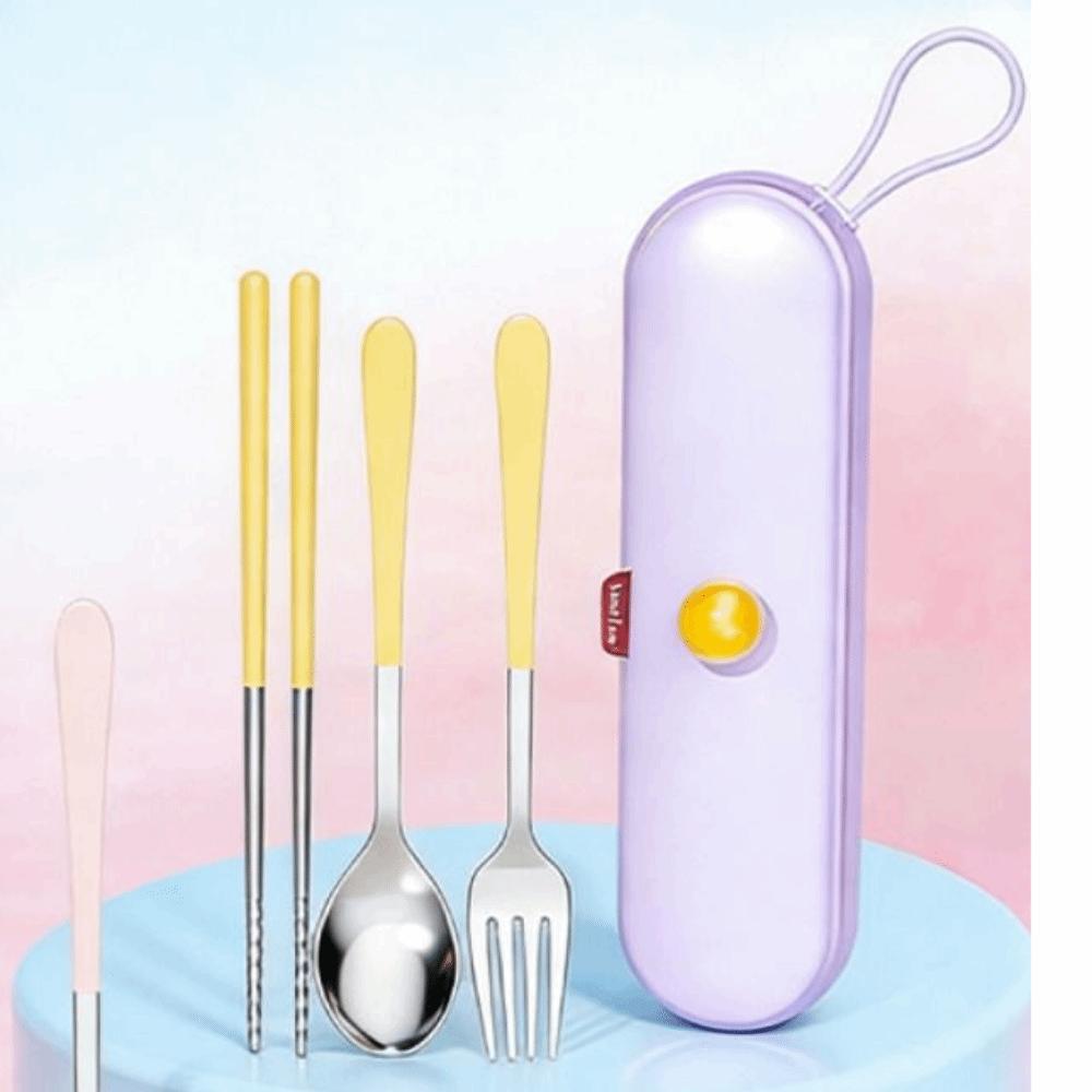 Cartoon Pattern Chopsticks Three-piece Set Stainless Steel Fork Dining Utensils Kit  Outdoor Dining