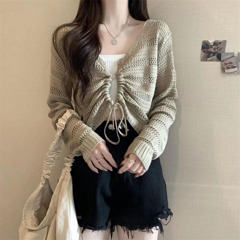 Summer V-neck hollow new slim-fitting and thin drawstring short outer knitted sweater women's thin solid color top
