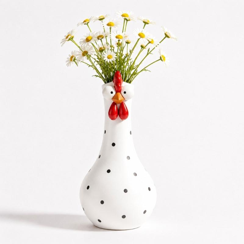 Colorful Dot Rooster Shape Flower Vases, 2 Piece Funny Resin Long Neck Chicken Sculpture For Living Room Office Decoration