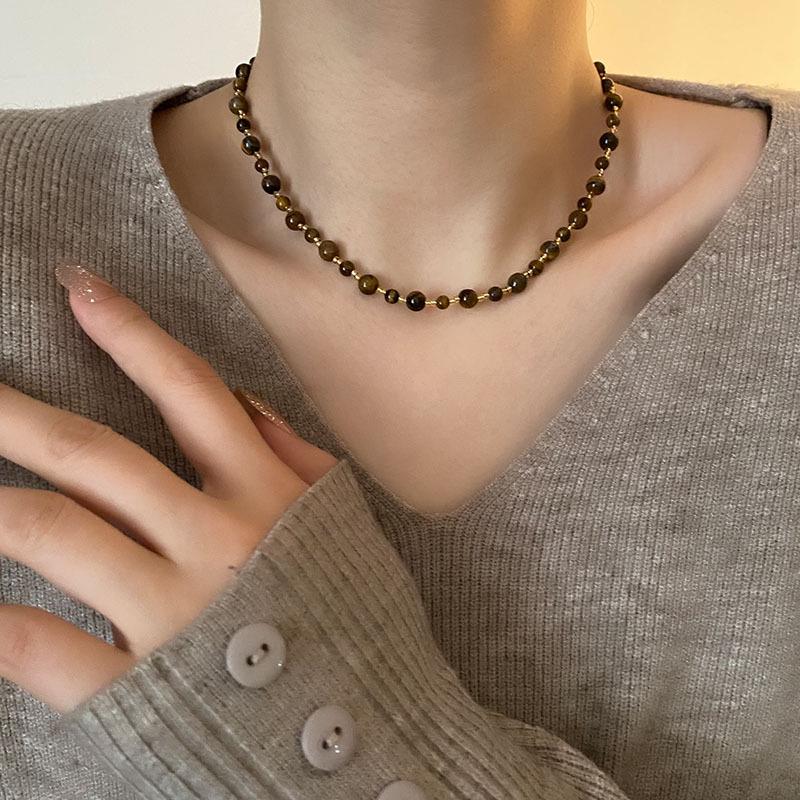 Retro Handgefertigte Perlenkette mit Tigerauge & Imitationsperle im Maillard-Stil