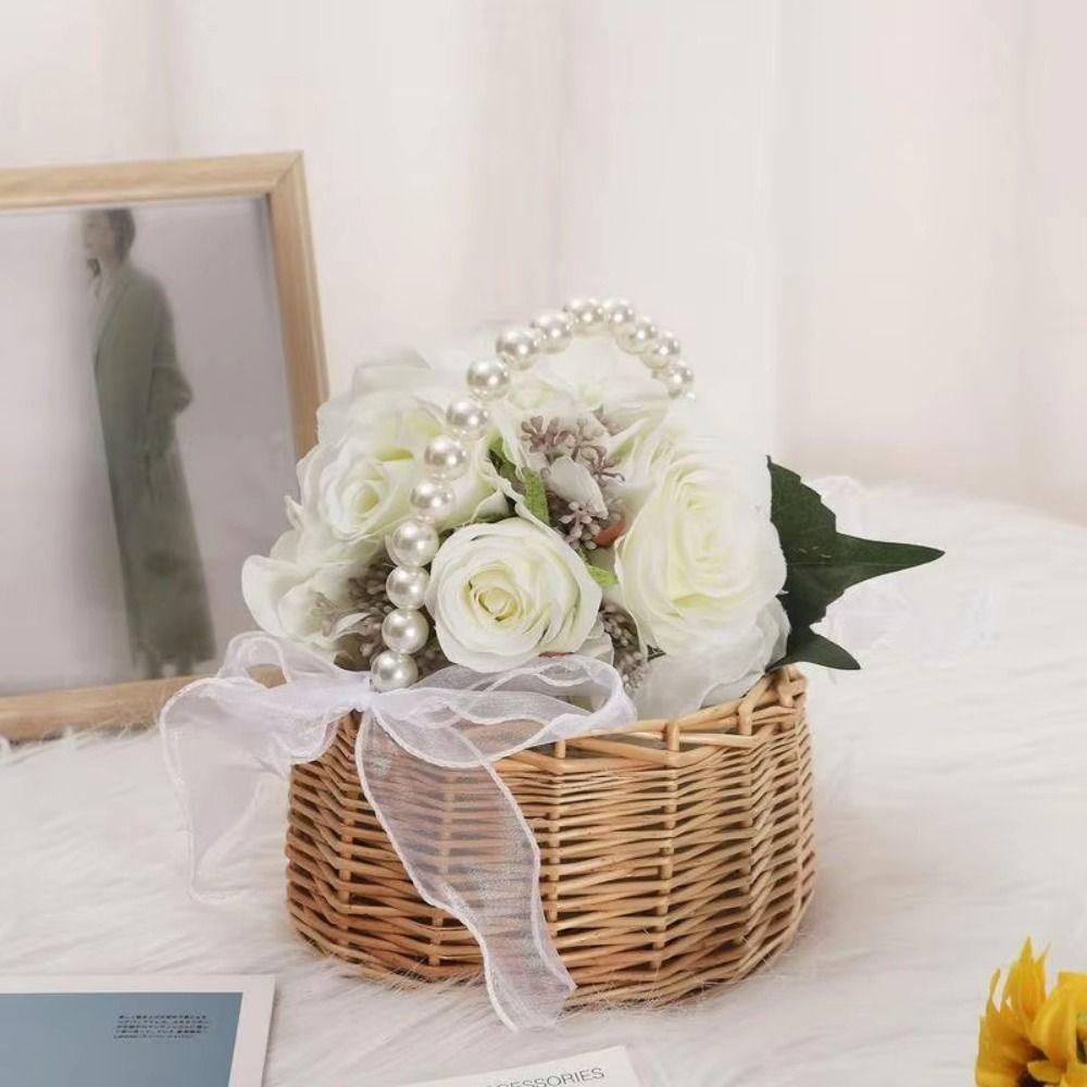 Pearls Handle Woven Basket Twin Fish Tail Design Flower Arrangement Basket  for Wedding