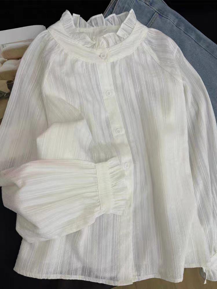 Women's Elegant White French Edge Shirt: Long Sleeve, Chic, High-End Style for Spring/Autumn 2026