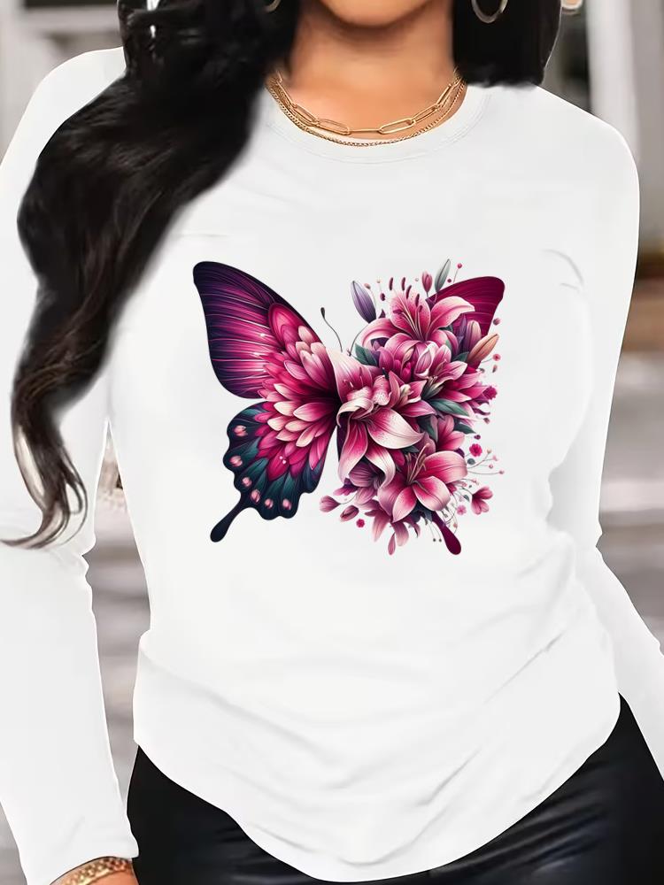 (Asian Size) Tee o-neck Print autumn winter spring Women Clothing butterfly 90s trend Casual Long Sleeve T Shirt Fashion Top Graphic T-shirts