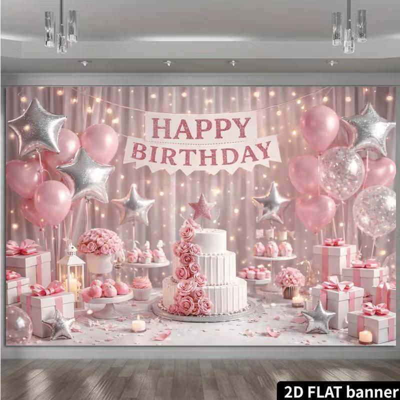 2D Pink Balloon & Cake Happy Birthday Backdrop Banner Photo Booth Background
