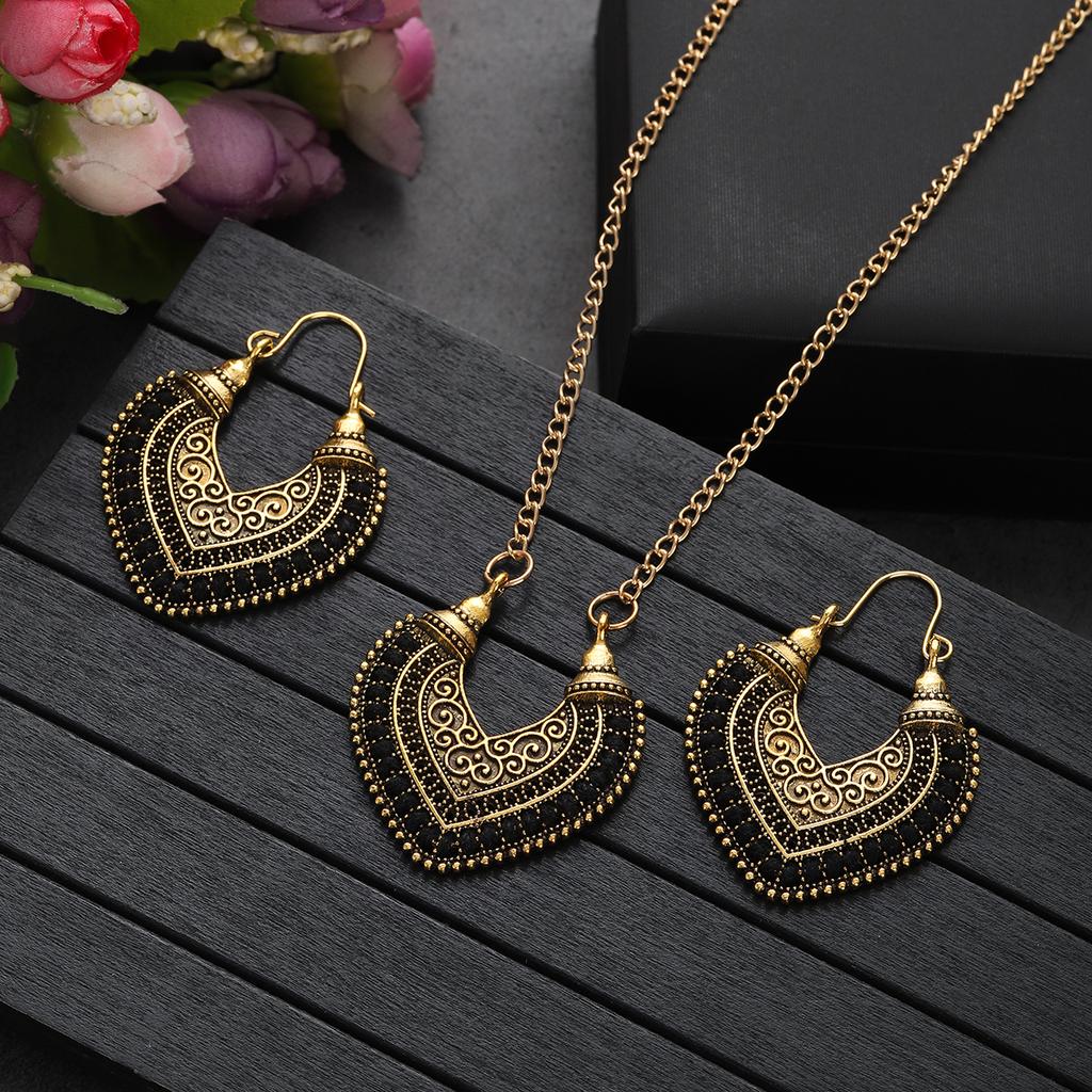 Vintage Ethnic Gold Color Drop Earrings Necklace for Women Heart Shape Statement Earrings Bohemian Rope Wrap Zircon Bijoux