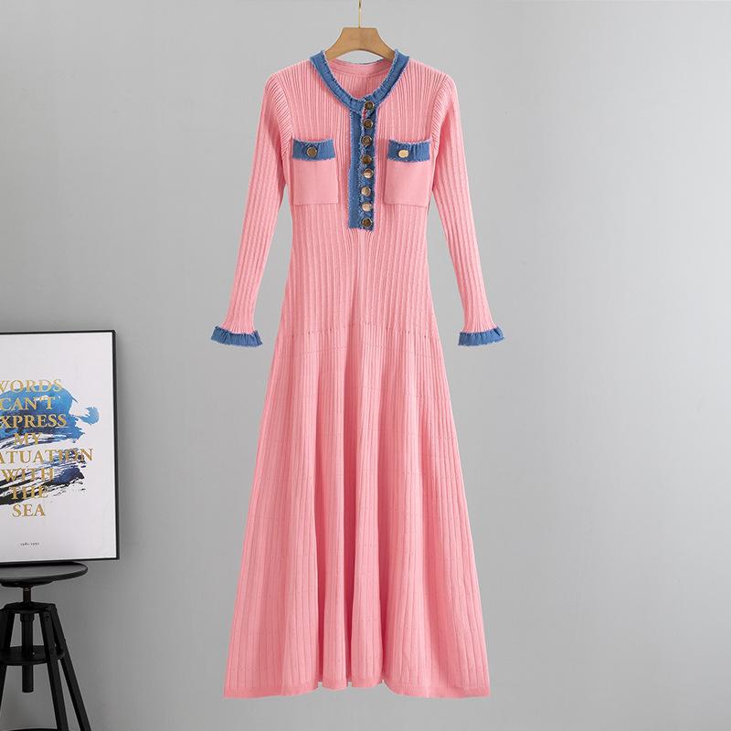 

Женское весеннее платье-свитер с длинным рукавом, осенние плиссированные платья с ребристым узором на пуговицах, трикотажные платья с цветными блоками, облегающие элегантные макси-платья для женщин One Size розовый