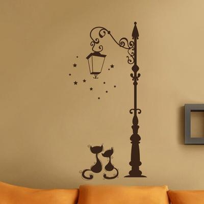 Cats Under The Street Light Wall Stickers Romantic Background for Home Decoration Mural Wallpaper Art Decals Love Cat Sticker