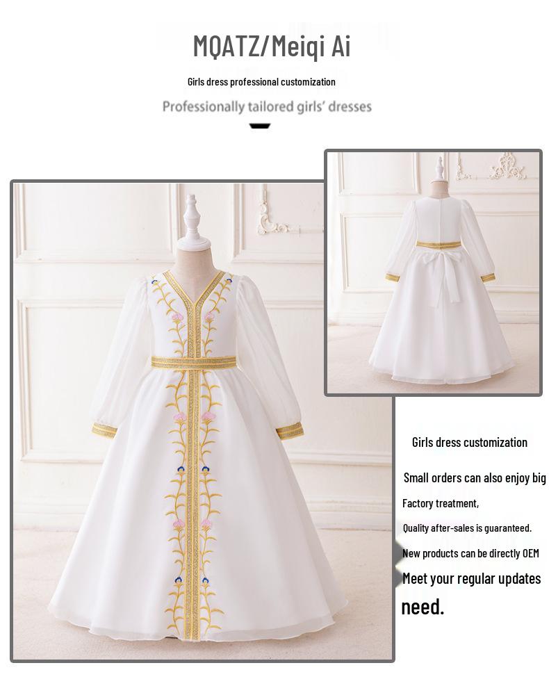 Middle Eastern Muslim Women's V-Neck Lantern Sleeve White Maxi Dress