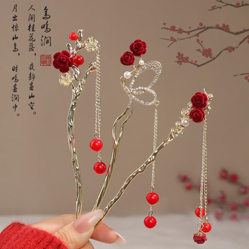 Vintage Chinese Style Rose Hairpin For Women Red Flower Element Tassel Hair Stick Elegant Exquisite Handmade Hair Accessories