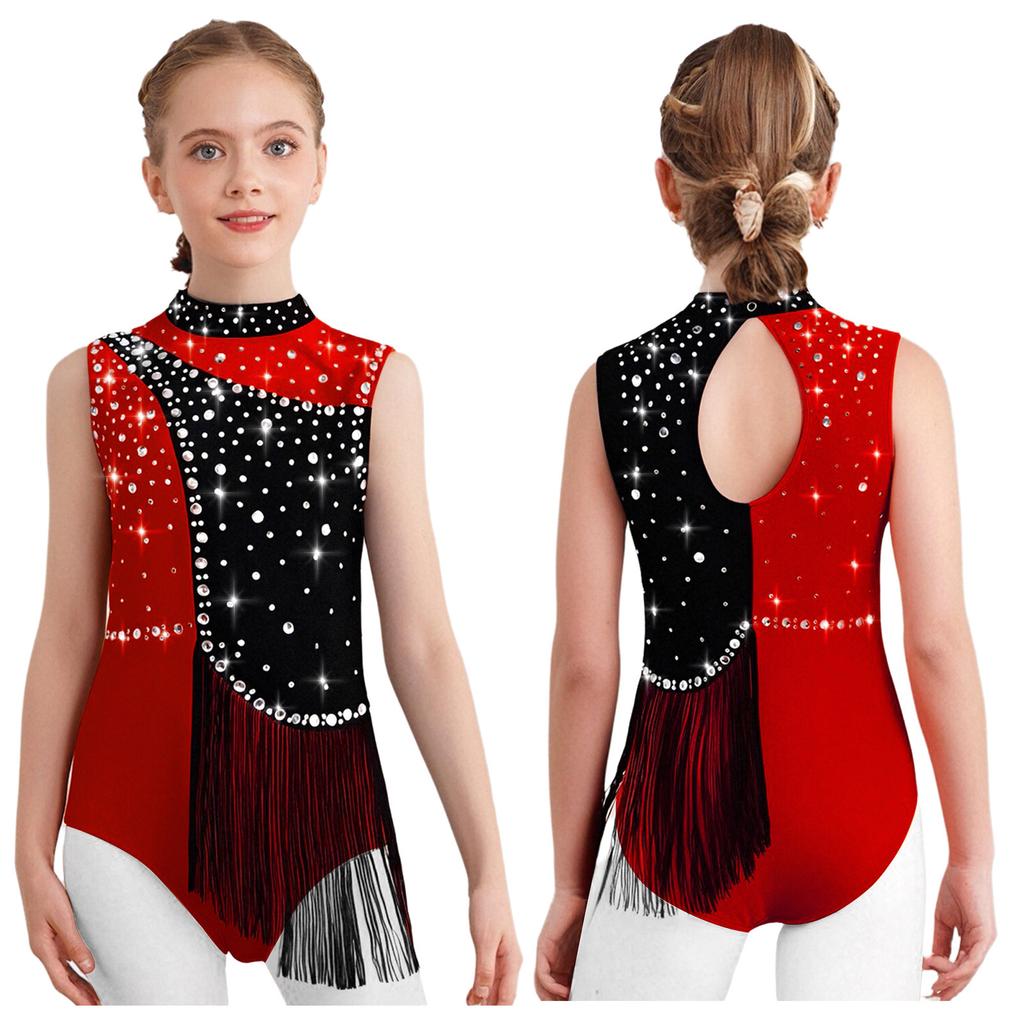 Girls Color Block Gymnastics Leotard with Mock Neck & Keyhole Back, Shiny Rhinestones & Tassels for Dance & Figure Skating