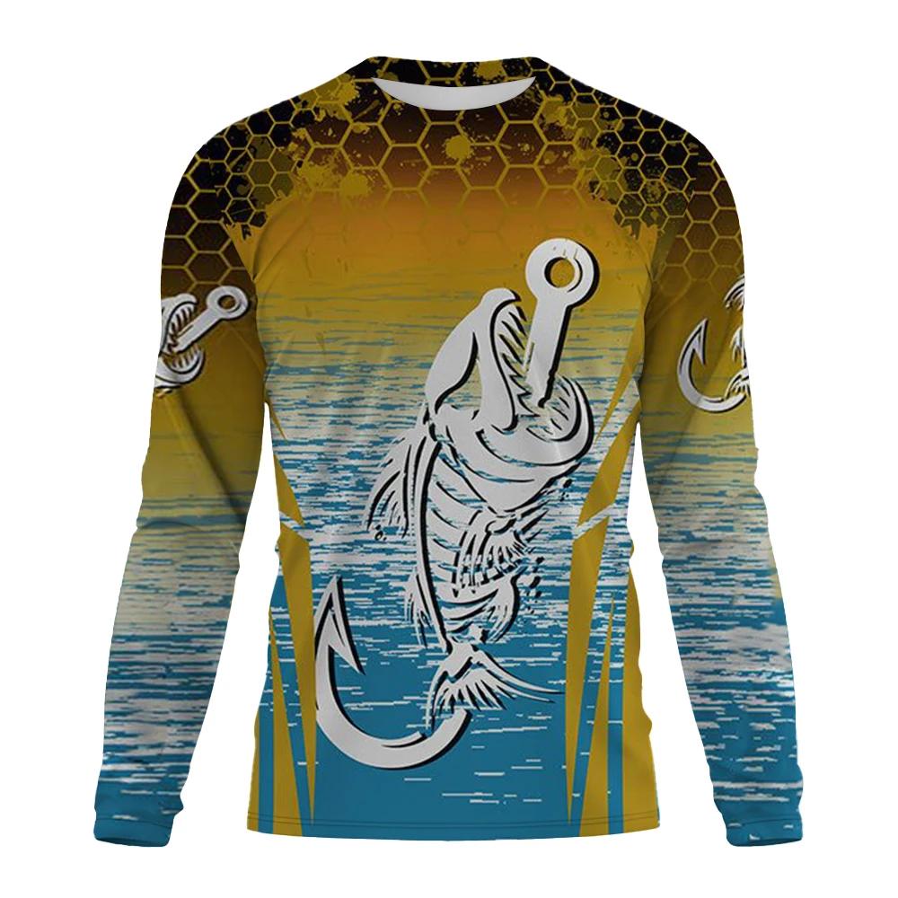 Nové pánské outdoorové rybářské tričko s dlouhým rukávem 3D ryba Potisk vzoru ležérní a módní Top tričko s kulatým výstřihem