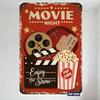 Vintage Movie Night Metal Tin Sign - Red Background with Film Reel, Clapperboard, Popcorn Bucket & Tickets for Home Theater Café