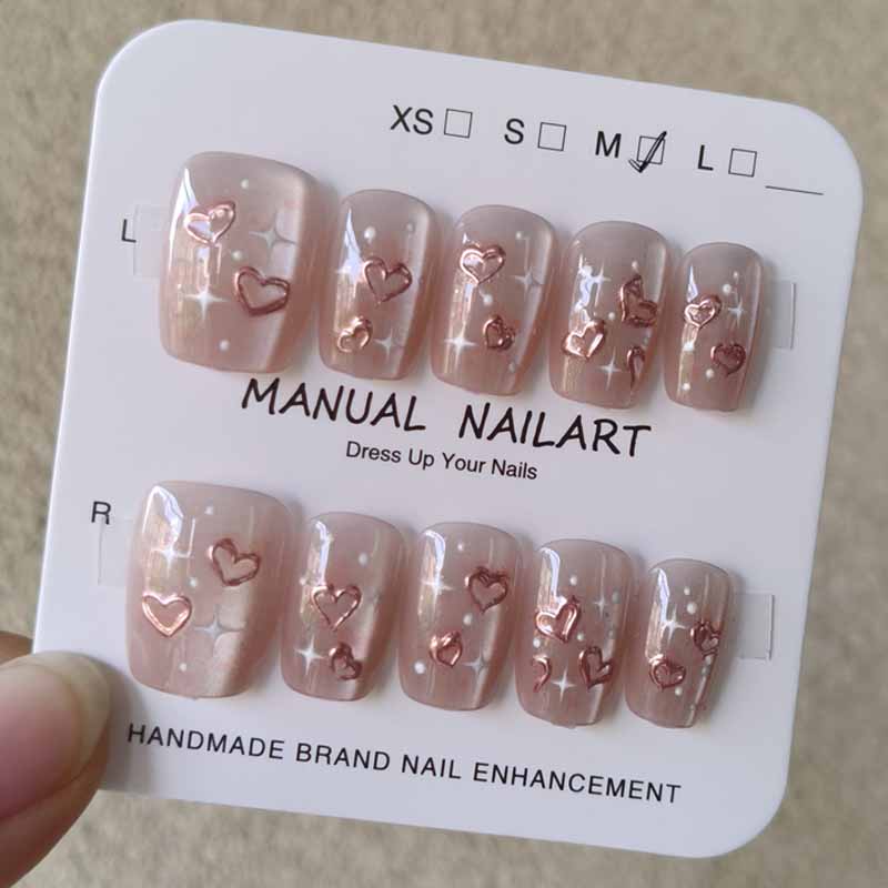 10 Pcs French Chic Handmade Press On Nails 3D Cat Eye Heart Bow Star Cute Detachable Fake Nails