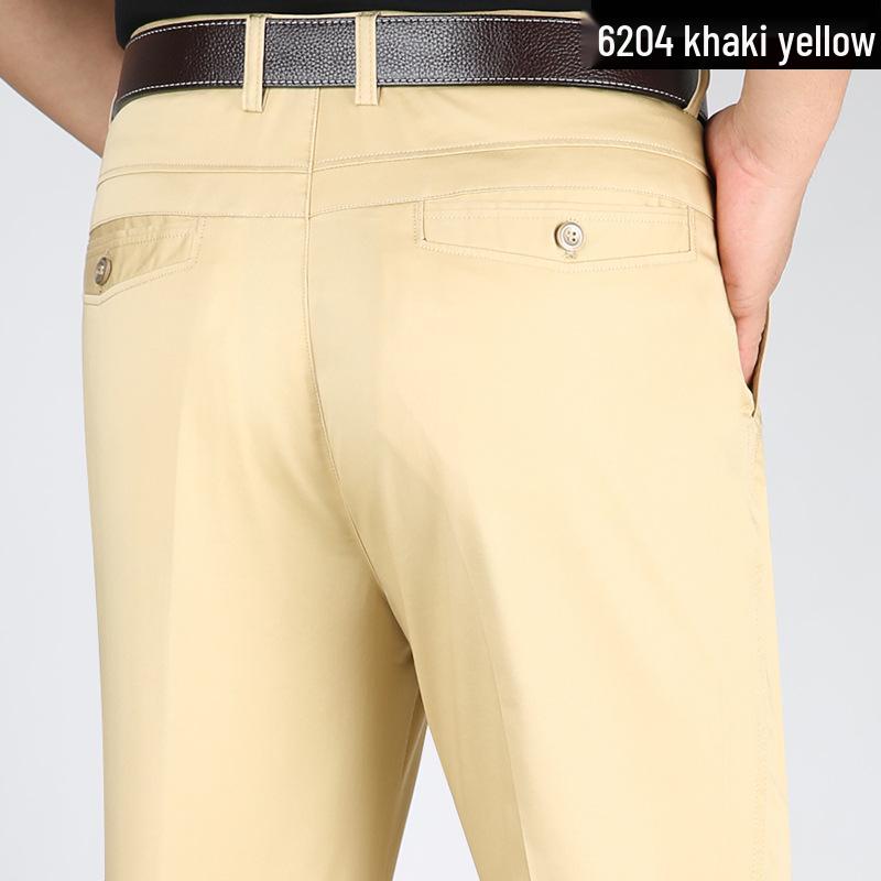 Men's High Waist Tencel Ice Silk Cotton Pants: Spring/Summer Casual, Straight-Leg, Non-Iron, Loose Fit.