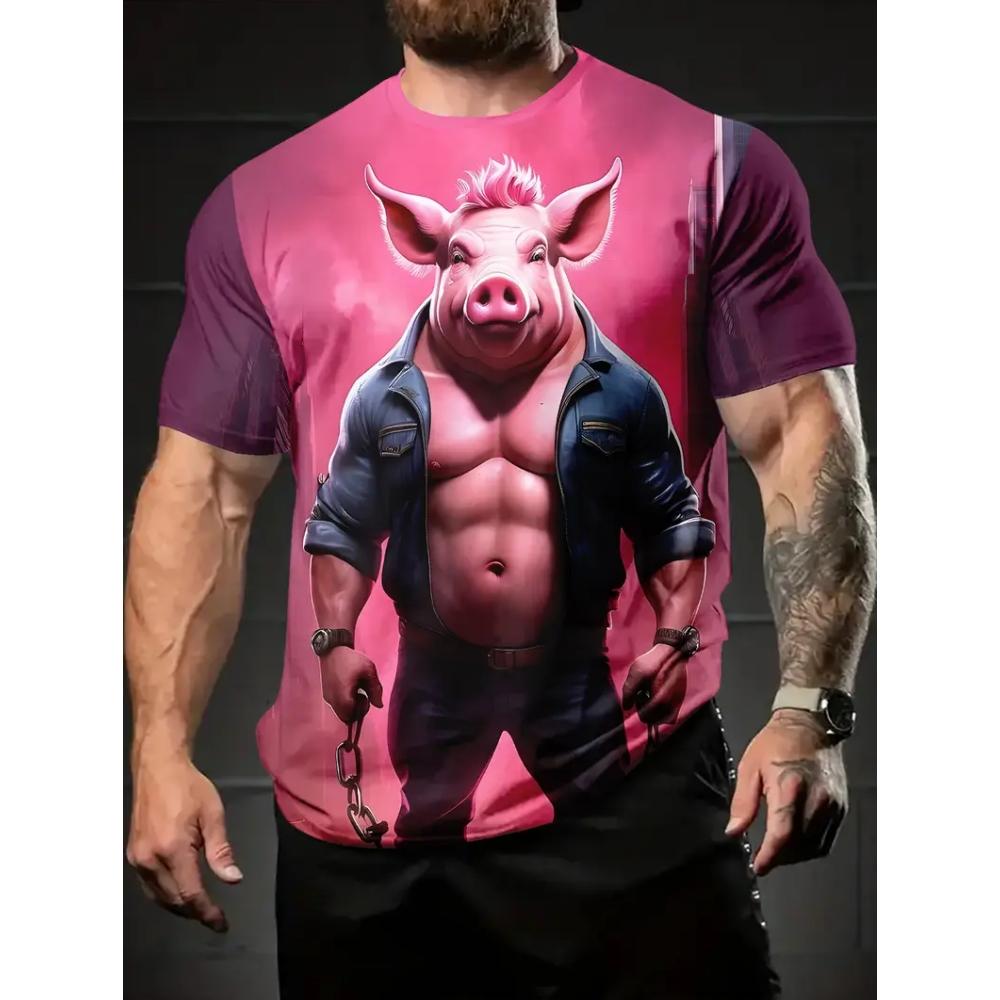 Herren Lustiges Schwein T-Shirt Niedliche Cartoon 3D Druck Kurzarm für Mann Rundhals T-Shirts Polyester Oberteile Outdoor Schnelltrocknend Herrenbekleidung