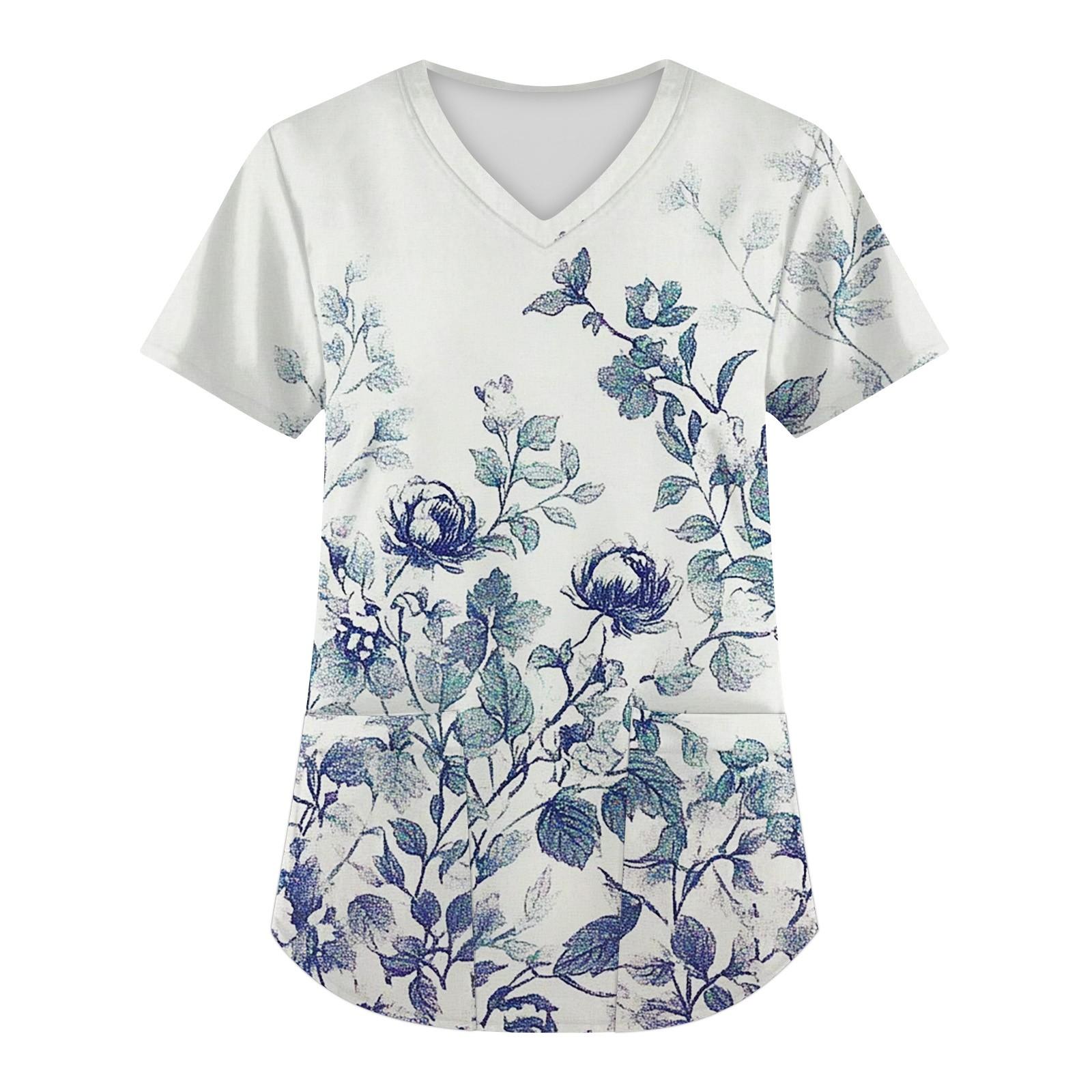 

Женская мода с коротким рукавом и V-образным вырезом с карманами и цветочным принтом Топы Одежда L синий