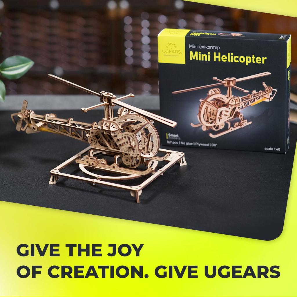 UGEARS Mini Helicopter 3D Wooden Puzzle Assembly Kit 3D Wooden Puzzle for Kids and Adults Toy Gift - -