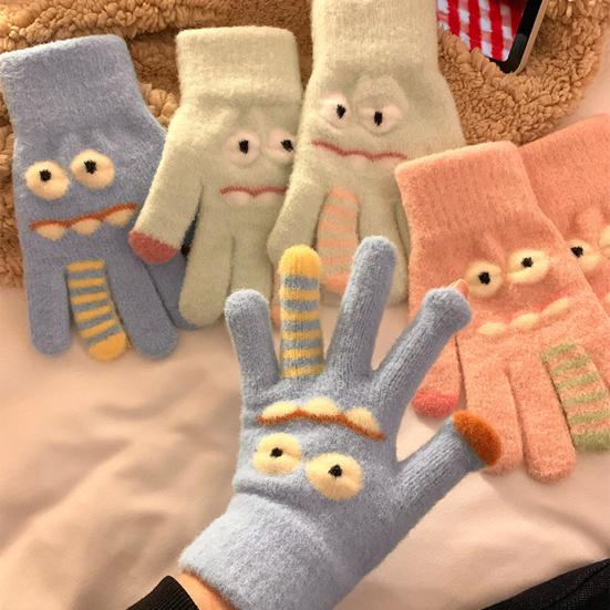 1 Pair Knitted Gloves Flexible Five-finger Thickened Winter Gloves Touch Screen Cute Big Mouth Warm Gloves Student Gloves for Cold Weather